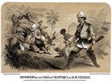 A caricature of Horace Greeley, commenting upon (or perhaps anticipating) his disappearance from public life after his defeat in the November 5 presidential election. Journalist Henry Morton Stanley, famous for finding David Livingstone in East Africa in 1871, here discovers Horace Greeley in a jungle. <br/><br/>

Stanley holds a rifle and is accompanied by an African youth guiding a dog. Greeley is shown embracing a pig, with a copy of the New York 'Tribune' at his side. In a tree behind him a monkey plays with Greeley's trademark white hat, while another reaches for a coconut. The U.S. Capitol shines brightly in the distance.